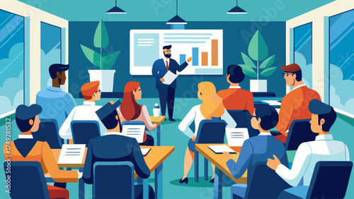 A man is giving a presentation to a group of people in a classroom. The man is standing in front of a projector screen and is pointing to a graph on the screen
