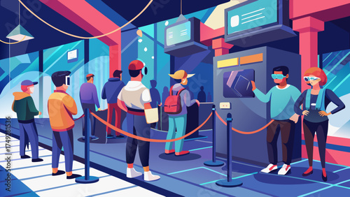 A group of people are waiting in line at a ticket booth. Scene is busy and bustling