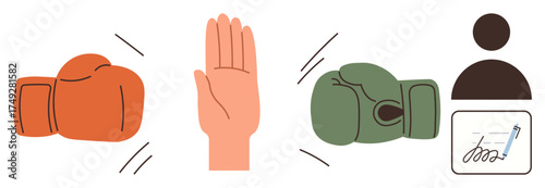 Red and green boxing gloves, raised hand stopping fight, silhouette figure, and signed agreement. Ideal for negotiation, mediation, resolution, cooperation teamwork justice leadership. Simple flat