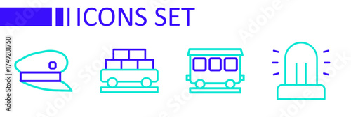Set line Flasher siren, Passenger train cars, Cargo wagon and Train driver hat icon. Vector