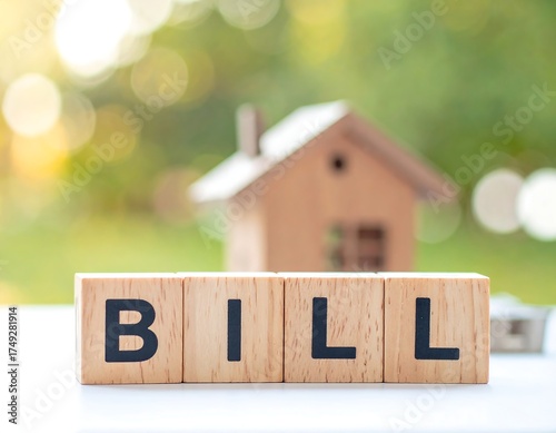 Wooden blocks spelling BILL in front of a miniature house
