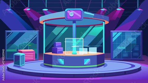 A futuristic store with a glass display case. The store is lit up with neon lights and has a futuristic feel to it