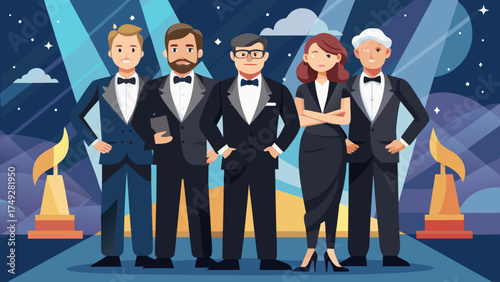 A group of five men and one woman are standing on a stage in suits. They are posing for a picture and one of the men is holding a book. Scene is formal and professional