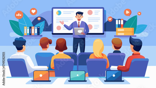 A man is giving a presentation to a group of people. The presentation is on a large screen in front of the audience. The audience is seated in chairs, with some laptops on their laps