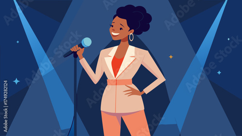 A woman is singing into a microphone. She is wearing a suit and is smiling. The background is blue and there are lights in the background