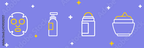 Set line Cream or lotion cosmetic tube, Deodorant roll, Bottle of shampoo and Facial mask icon. Vector