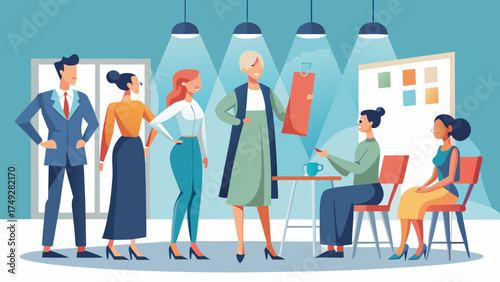 A group of people are standing around a table with a white board. One woman is holding a dress up to the board. Scene is professional and collaborative