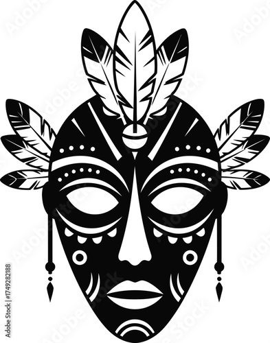 Stylized black african tribal mask with feathers and geometric ornaments on white background