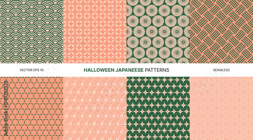 Halloween Japanese seamless vector patterns collection with traditional geometric shapes, scales, flowers, waves, lattice, circles in orange and green colors textile, wallpaper, wrapping, decoration