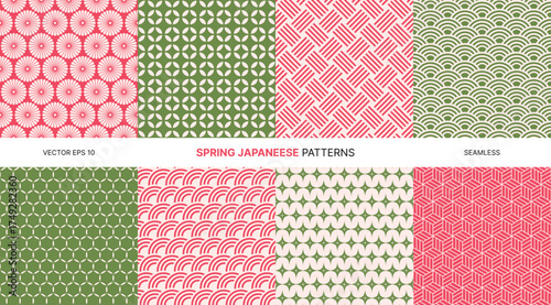Seamless vector patterns with Japanese spring floral and geometric designs, chrysanthemum flowers, waves, lattice, red green white colors, traditional oriental textile and wrapping backgrounds