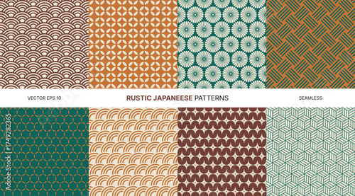 Seamless vector patterns with rustic Japanese motifs, warm earthy tones, geometric waves, floral designs, retro backgrounds, Asian inspired decorative textile prints, elegant abstract heritage art set