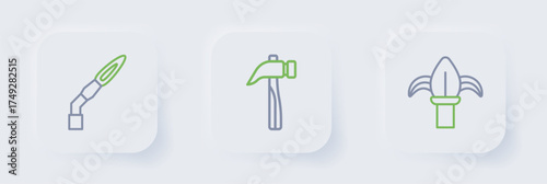 Set line Classic iron fence, Hammer and Welding torch icon. Vector