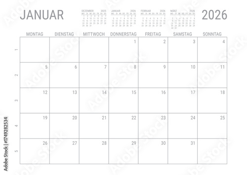 Januar 2026 Monat Kalender Monatskalender Kalenderblatt Kalendarium mit Kalenderwoche Planer DIN A4 Deutsch	