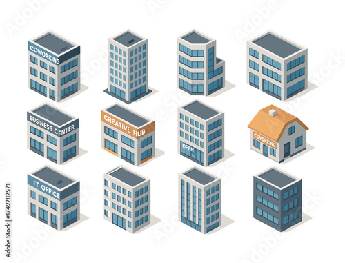Isometric office buildings set including coworking spaces and creative hubs