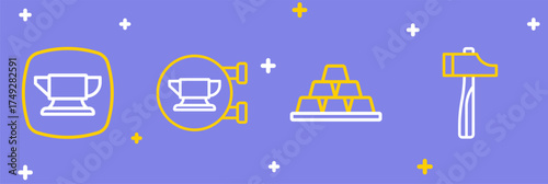 Set line Hammer, Gold bars, Blacksmith anvil tool and icon. Vector