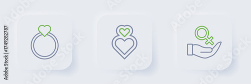 Set line Female gender symbol, Heart and Diamond engagement ring icon. Vector