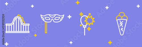 Set line Ice cream in waffle, Balloons with ribbon, Festive mask and Roller coaster icon. Vector