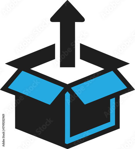 Open cardboard box with upward arrow symbolizing shipping and delivery