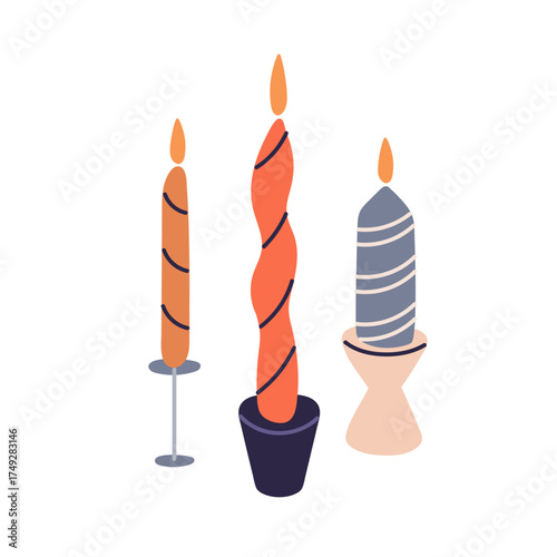 Candle holder with burning fire flame, light. Modern style candleholders, twisted shapes. Warm cozy interior decoration, candlelight decor. Flat vector illustration isolated on white background
