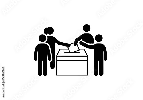 Four black stick figures casting ballots into a white outline election ballot box.