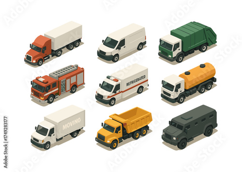 Isometric vehicle fleet collection featuring commercial and utility trucks in an urban setting