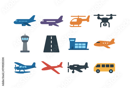 Transportation icons set featuring aircraft, helicopter, drone, and vehicles in flat design