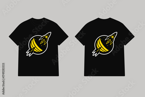 Yellow rocket ship orbits planet in tribal style black t-shirt