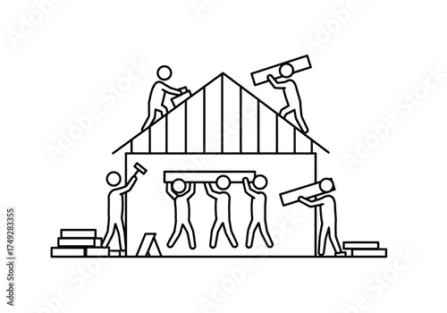 Construction workers building a house with wood beams and tools.