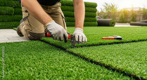 Synthetic grass installation with installer securing artificial lawn using pins, outdoor landscape enhancement
