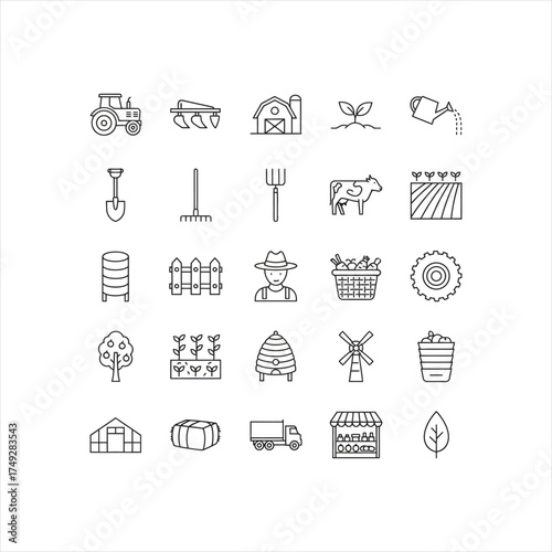 Explore sustainable agriculture and farming icons for eco-friendly designs, showing rural life, farm equipment, and harvest elements in a modern line art style