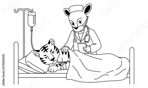 Cartoon mouse doctor examining a sick tiger in a hospital bed with an IV drip patient