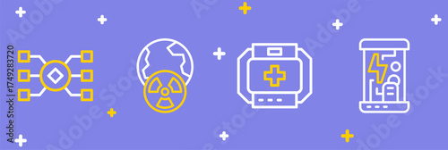 Set line Cryogenic capsules, First aid kit, Planet earth and radiation and Neural network icon. Vector