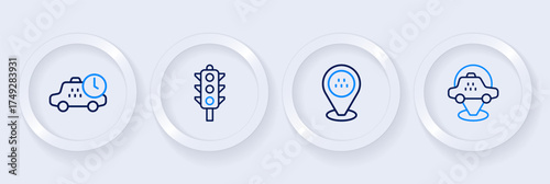 Set line Location taxi car, Traffic light and Taxi waiting time icon. Vector