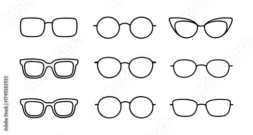 Assorted outline eyeglasses collection on white background