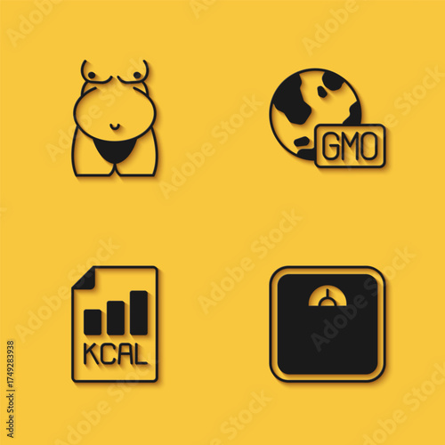 Set Obesity, Bathroom scales, Diet plan and GMO icon with long shadow. Vector