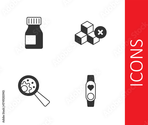 Set Smart watch with heart, Vitamins, GMO and No sugar free icon. Vector