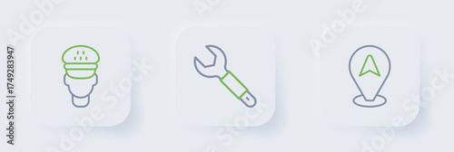Set line Location taxi car, Wrench spanner and Taxi driver icon. Vector