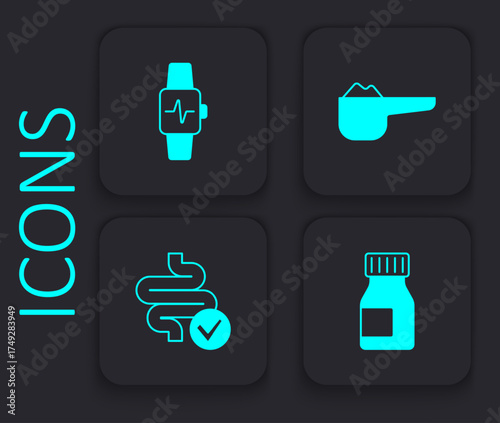 Set Vitamins, Smart watch with heart, Sports nutrition proteine and Intestines icon. Black square button. Vector
