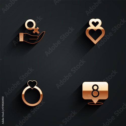 Set Female gender symbol, Heart, Diamond engagement ring and 8 March icon with long shadow. Vector