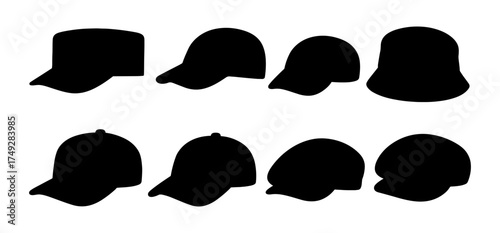 Silhouette of various hat designs for fashion and apparel themes