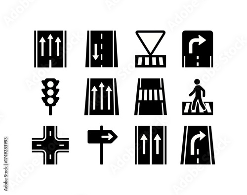 Collection of traffic symbols and roadway signs in black silhouette style