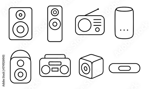 Minimalist line art speaker and audio device icons collection