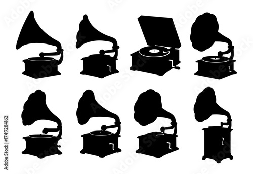 Vintage gramophone set in silhouette style featuring classic music players
