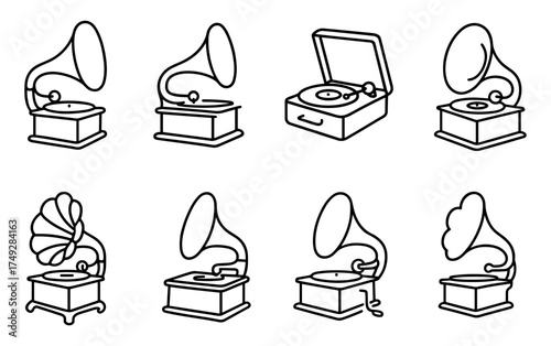 Vintage music icons collection with gramophones and record players in linear style
