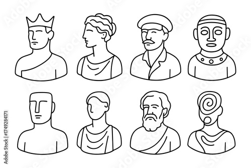 Minimalist line art portraits featuring historical and cultural figures