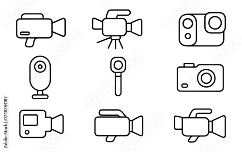 Linear camera icon set featuring various video and photo equipment