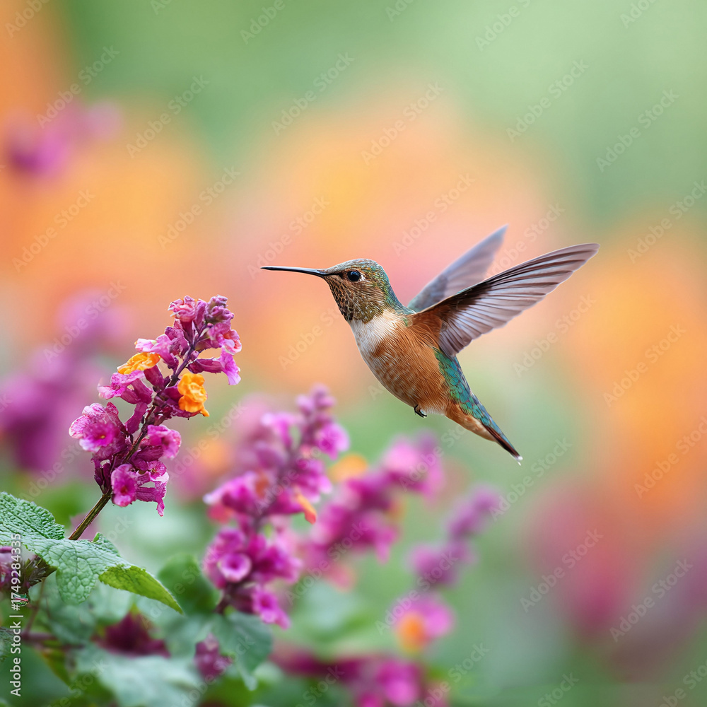 Fototapeta premium A vibrant hummingbird hovers near colorful flowers. A beautiful illustration of natures speed and delicate beauty. Ideal for ecological themes, spring promotions, inspirational content.