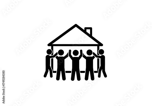Black Silhouette of People Supporting a House Structure Together.