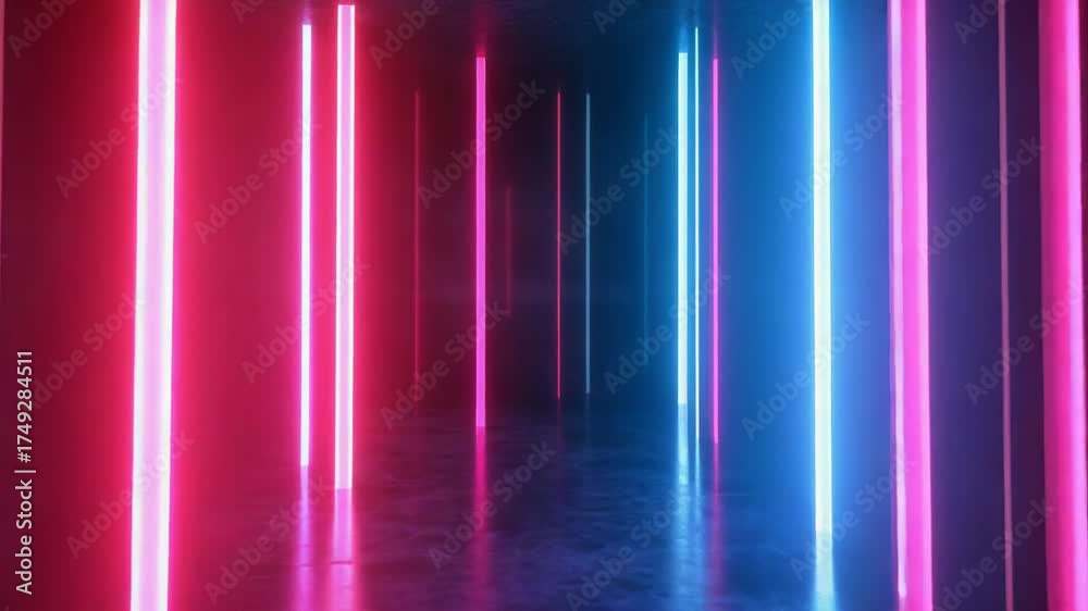 Futuristic glowing neon light corridor reflecting digital background