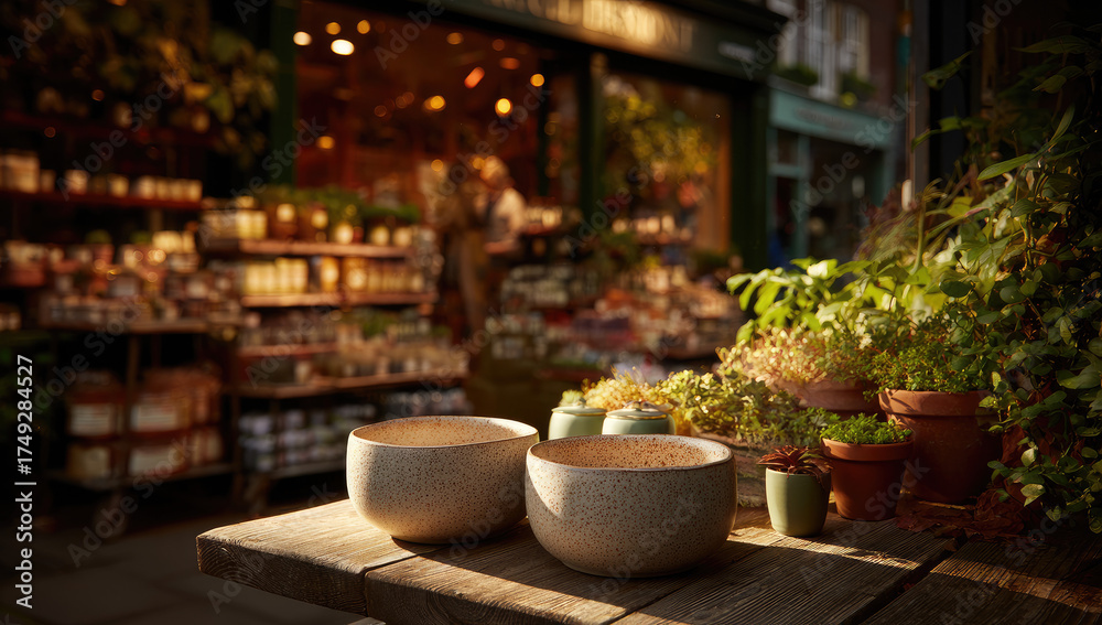 Fototapeta premium Outdoor pots on shop display, sunlight. Soft, golden